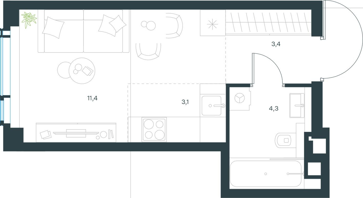 Студия-квартира, 22.2 м²