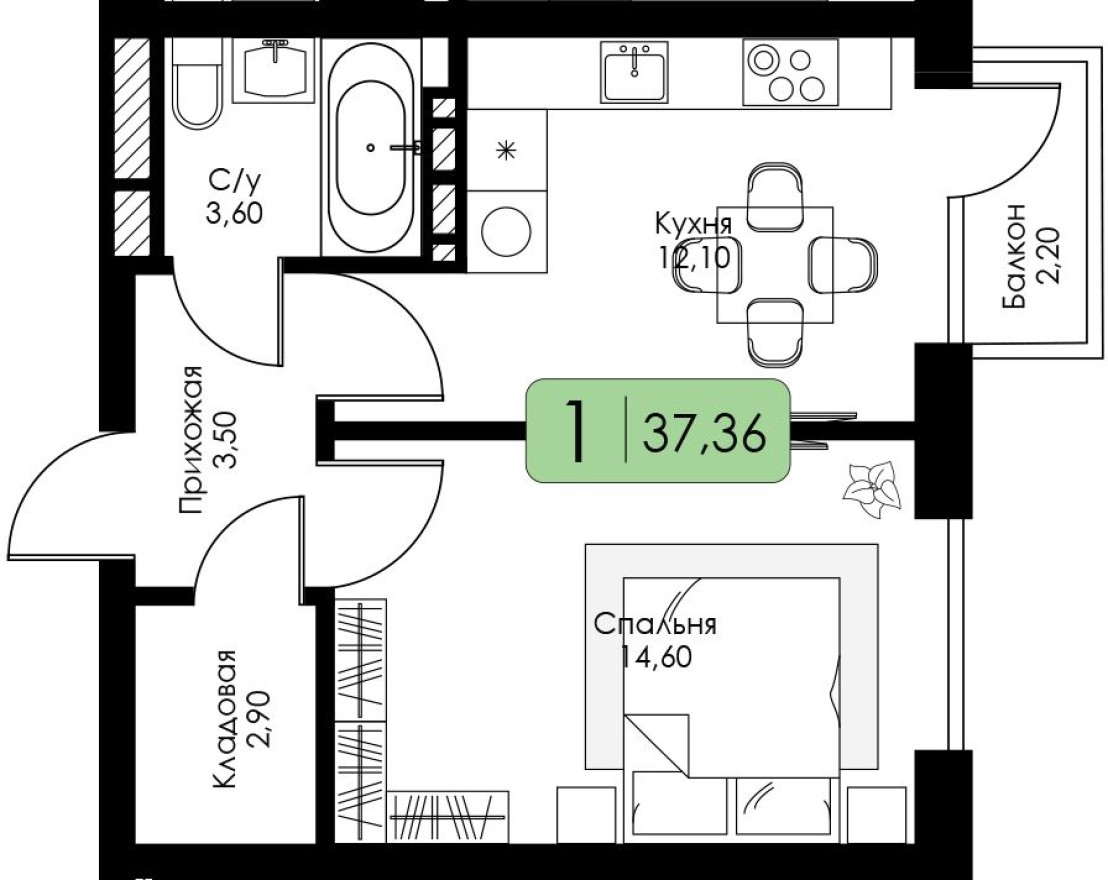 1к. квартира, 38.2 м²