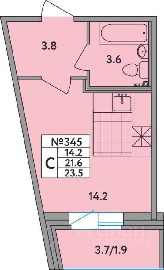 1к. квартира, 23.5 м²