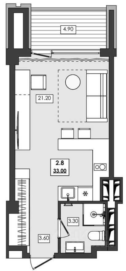 1к. апартаменты, 33.0 м²