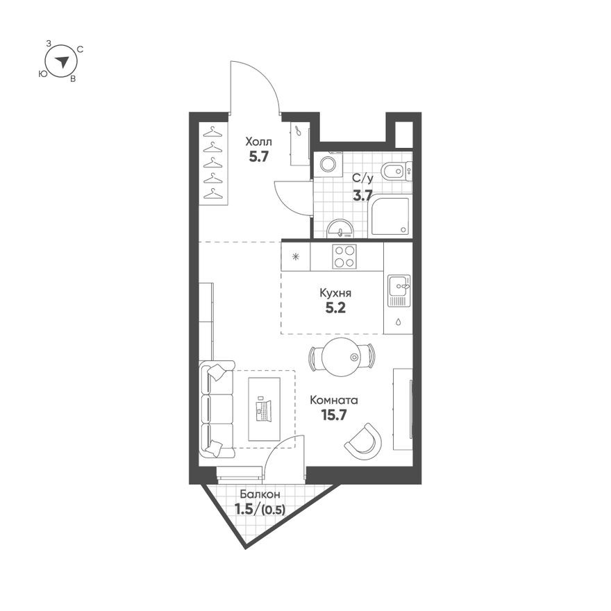 1к. квартира, 30.8 м²