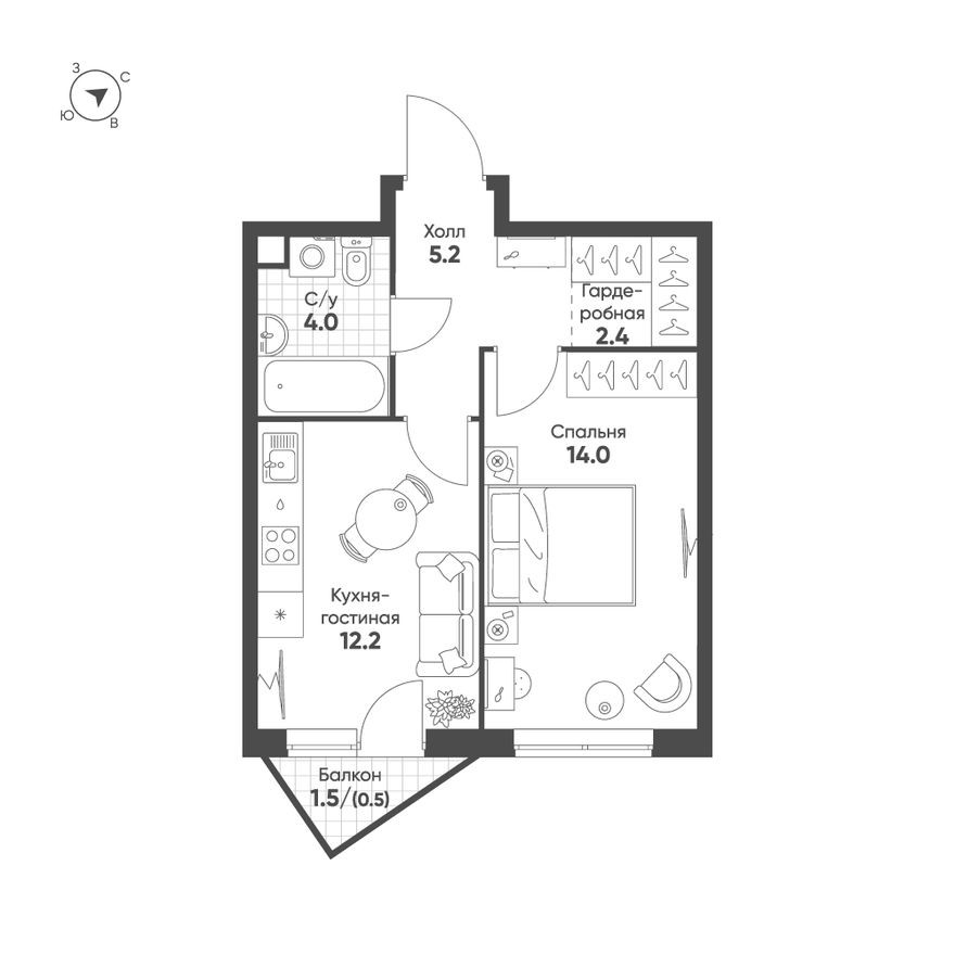 1к. квартира, 38.3 м²