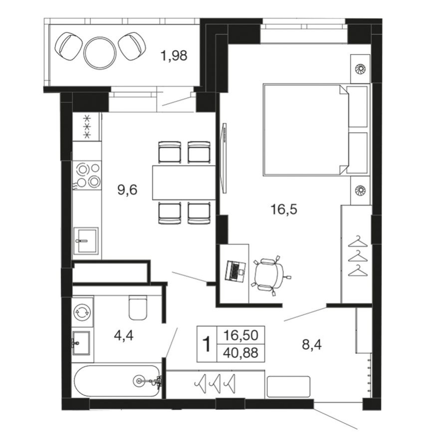 1к. квартира, 40.3 м²