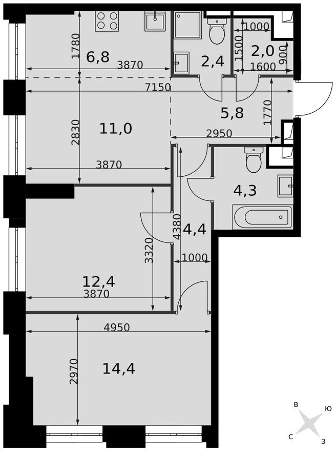 Планировка — Кладовая на этаже, 1.3 м²