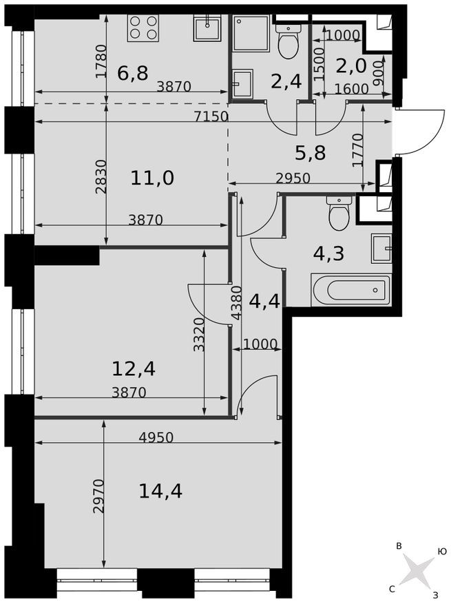 Планировка — Кладовая на этаже, 1.3 м²