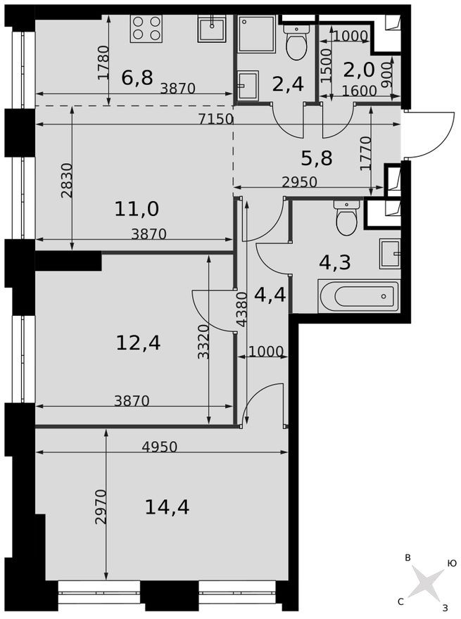 Планировка — Кладовая на этаже, 1.3 м²