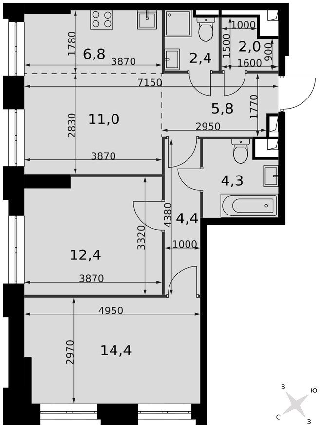 Планировка — Кладовая на этаже, 1.3 м²
