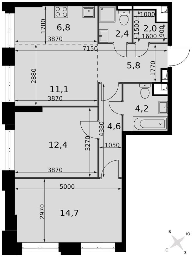 Планировка — Кладовая на этаже, 1.3 м²