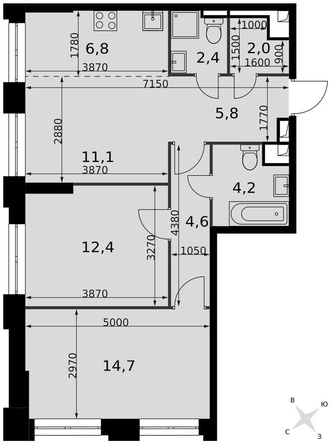 Планировка — Кладовая на этаже, 1.3 м²