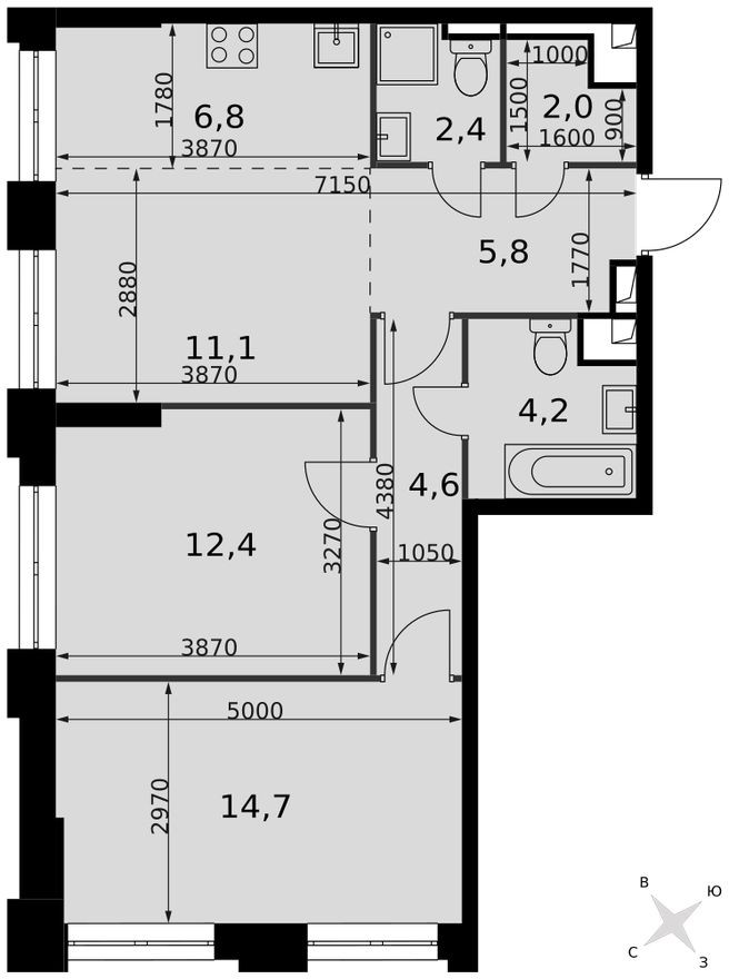Планировка — Кладовая на этаже, 1.3 м²