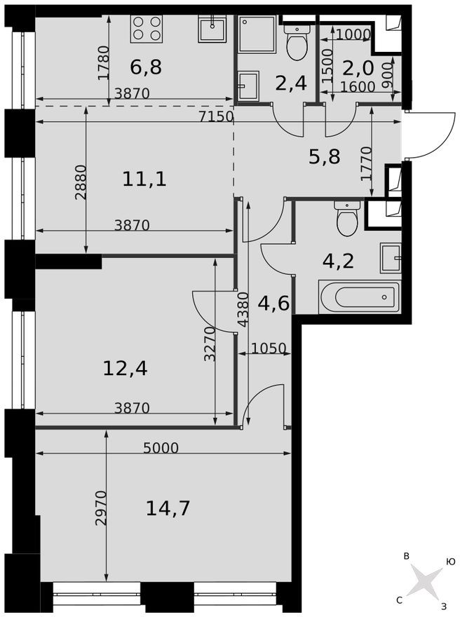 Планировка — Кладовая на этаже, 1.3 м²