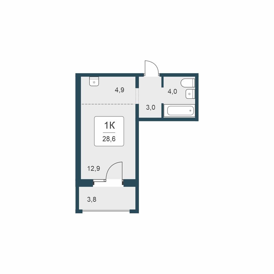 1к. квартира, 28.6 м²