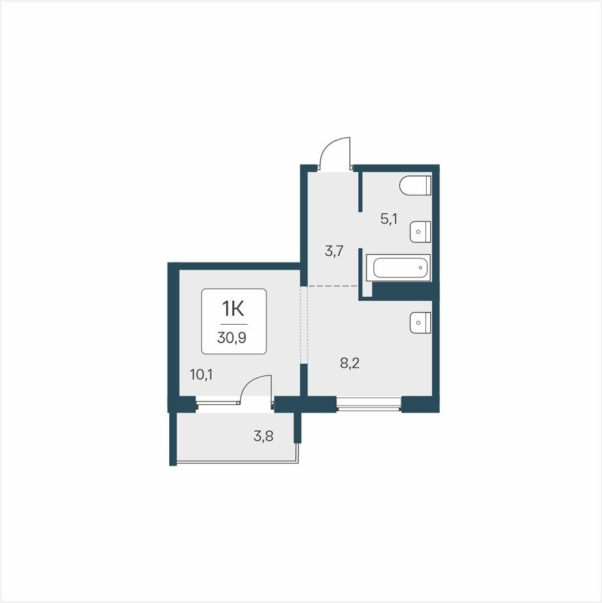 1к. квартира, 30.9 м²