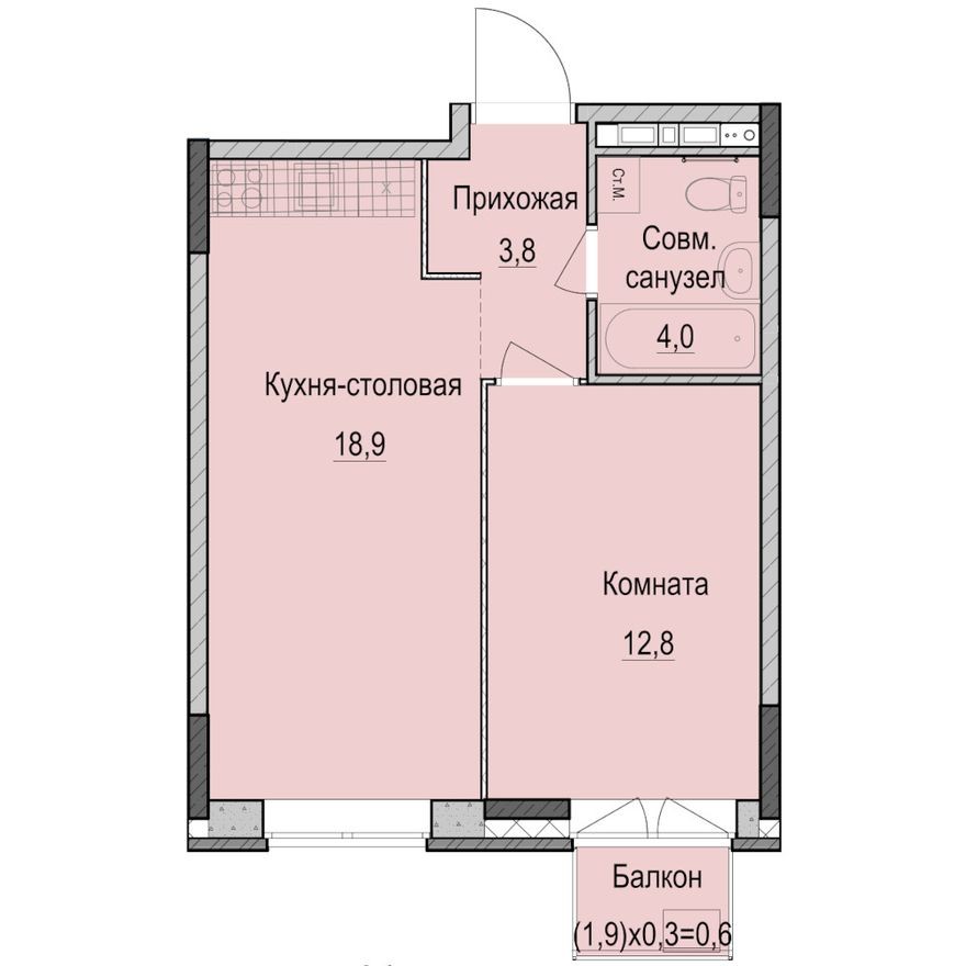 1к. апартаменты, 40.1 м²