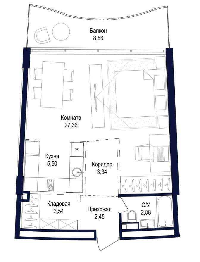 Студия-квартира, 53.6 м²