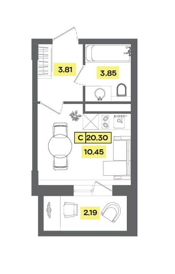 Студия-квартира, 20.3 м²