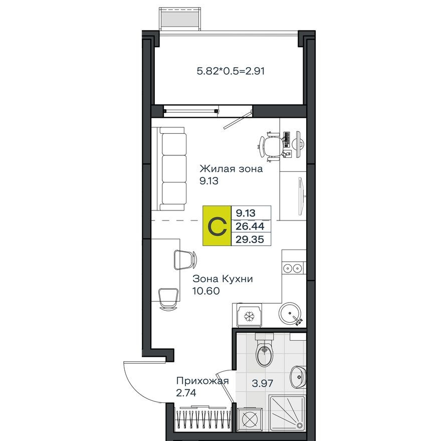 Студия-квартира, 29.4 м²