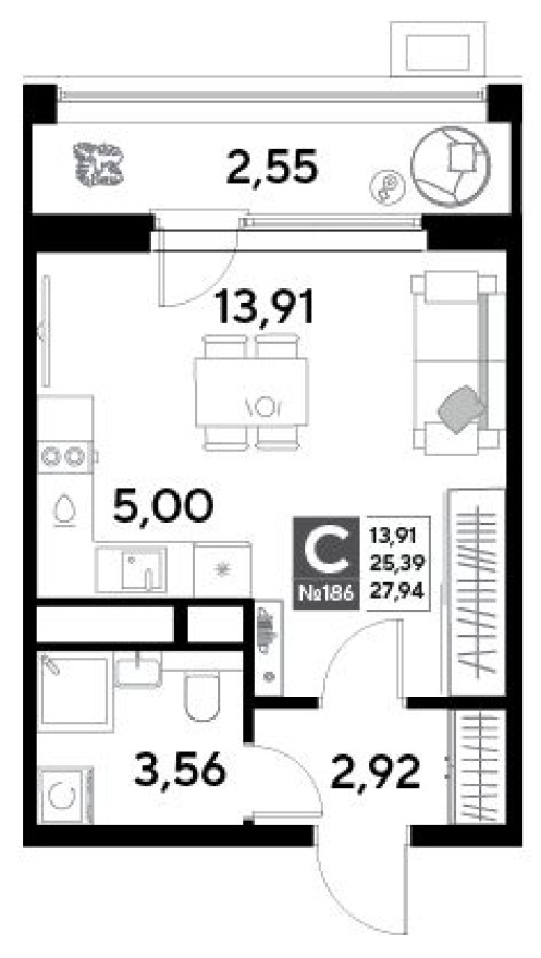 Студия-квартира, 27.9 м²