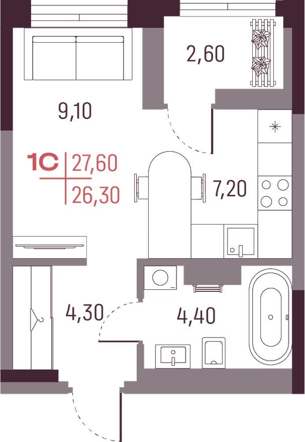 Студия-квартира, 26.3 м²