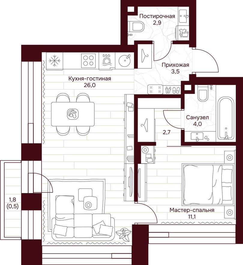 1к. квартира, 50.7 м²