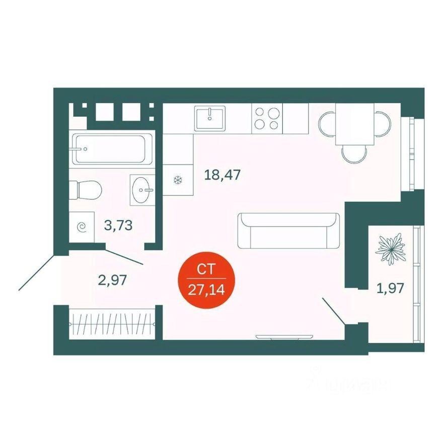 1к. квартира, 27.1 м²