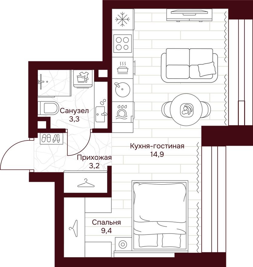 1к. квартира, 30.8 м²