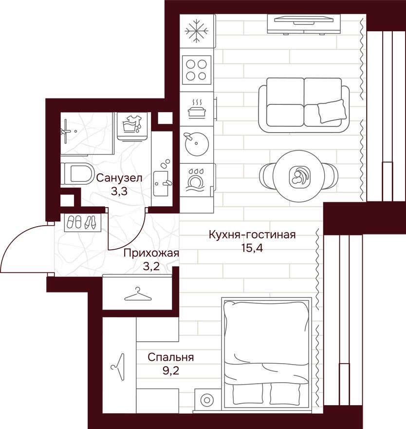 1к. квартира, 31.1 м²
