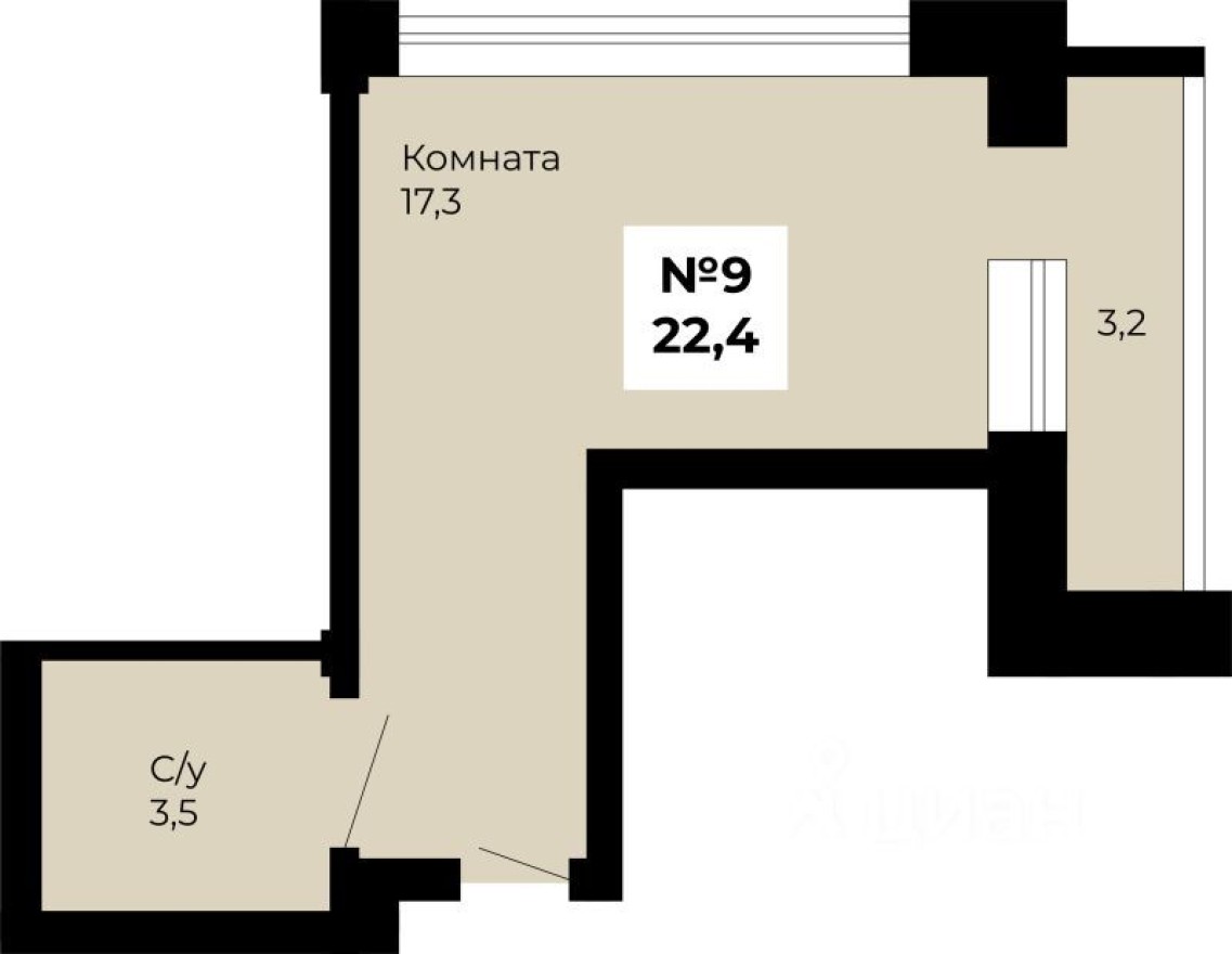 1к. квартира, 22.4 м²