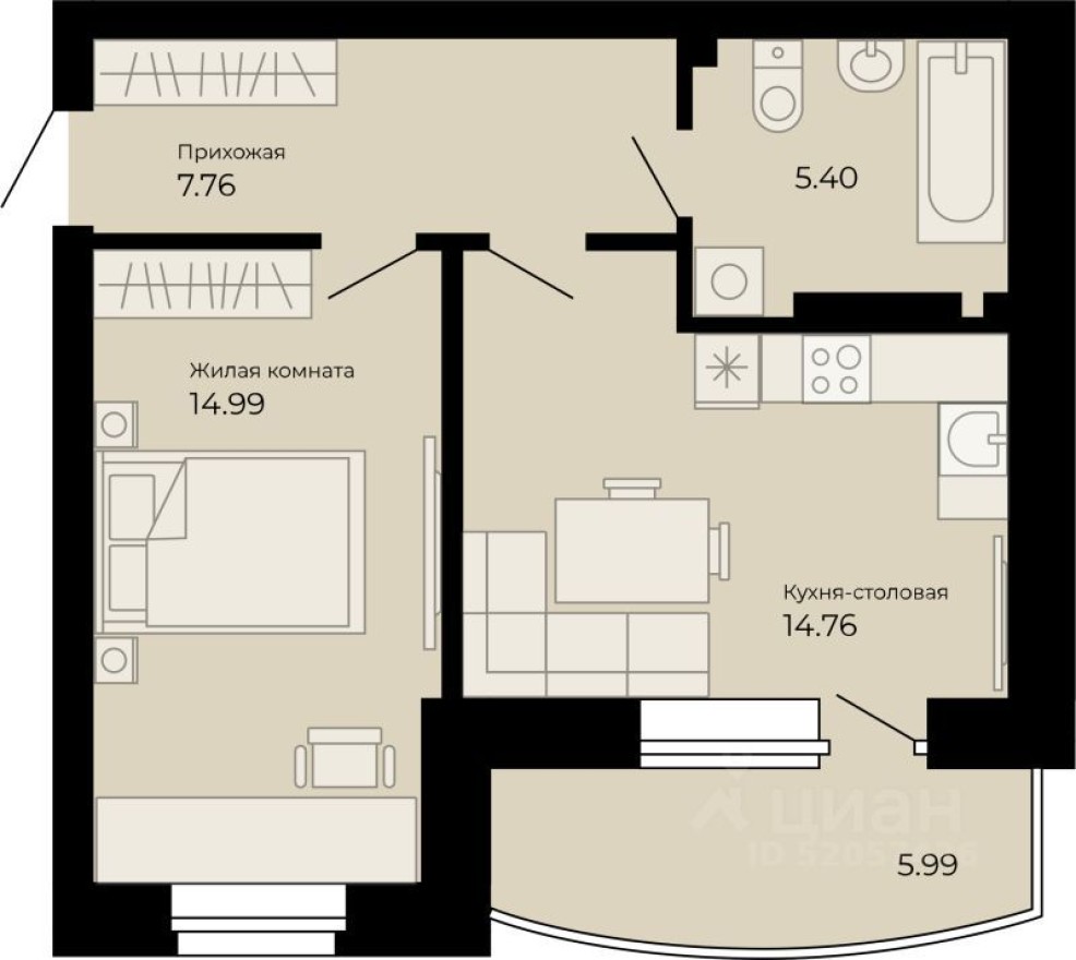 2к. квартира, 42.6 м²