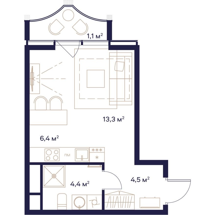 Студия-квартира, 29.7 м²