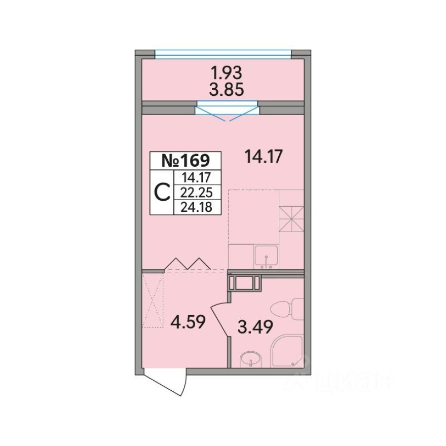 1к. квартира, 24.2 м²