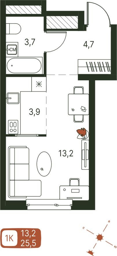 Студия-квартира, 25.5 м²