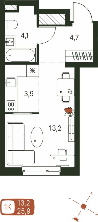 Студия-квартира, 25.9 м²