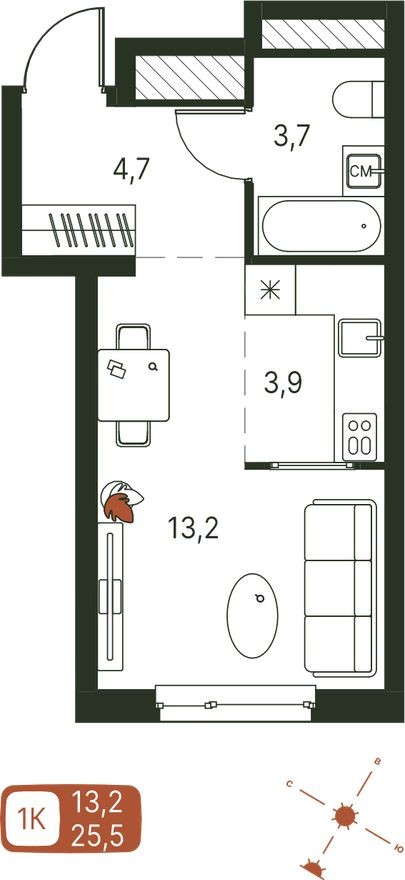 Студия-квартира, 25.5 м²