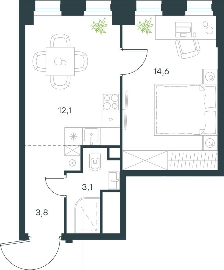1к. квартира, 33.6 м²
