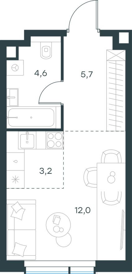 Студия-квартира, 25.5 м²