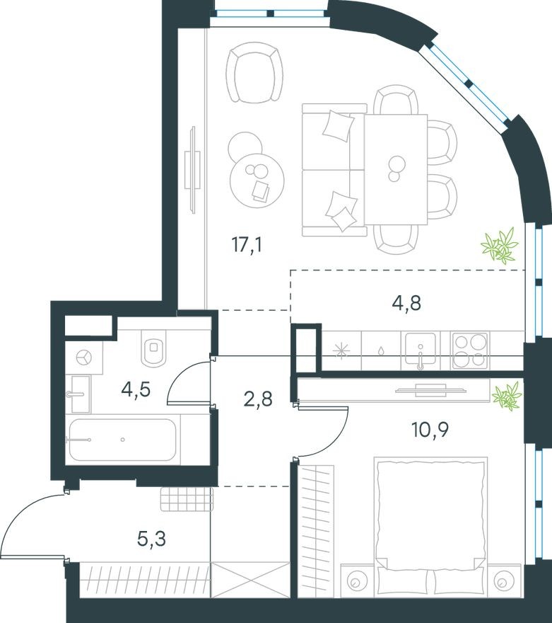 Планировка — 2к. квартира, 45.4 м²