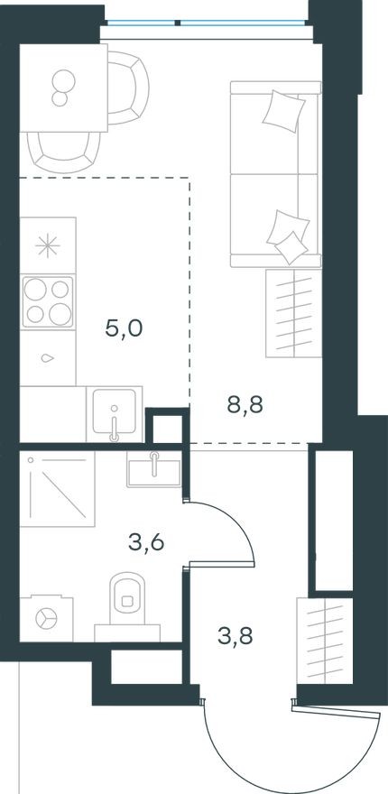 Студия-квартира, 21.2 м²