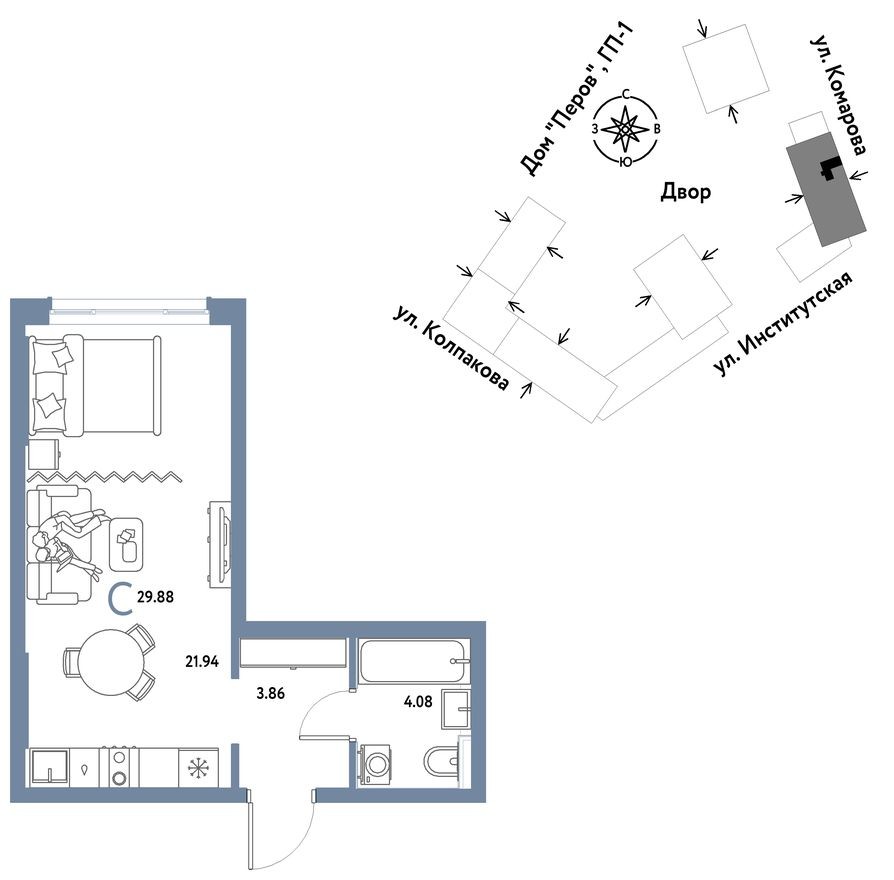 Студия-квартира, 29.9 м²
