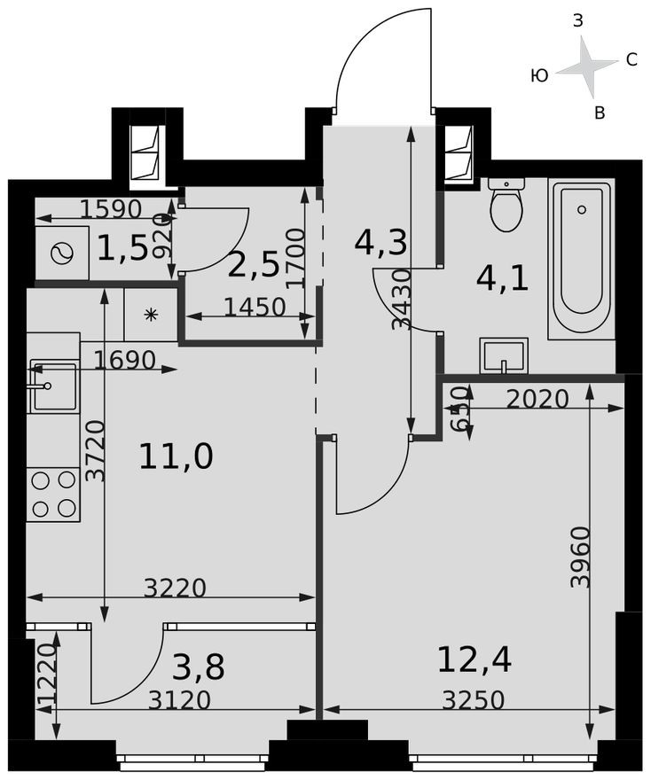 1к. квартира, 39.6 м²