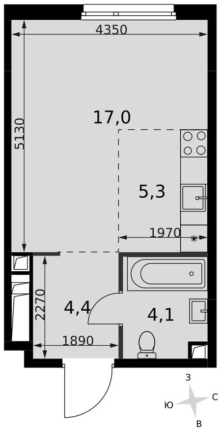 Планировка — Студия-квартира, 30.8 м²