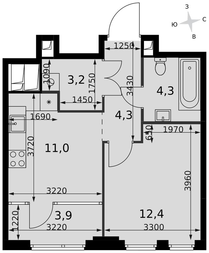 1к. квартира, 39.1 м²