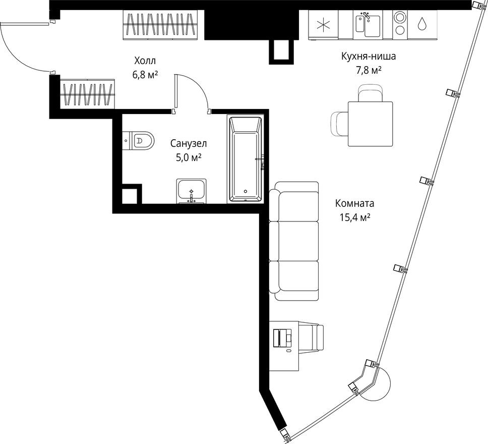 Студия-квартира, 35.0 м²
