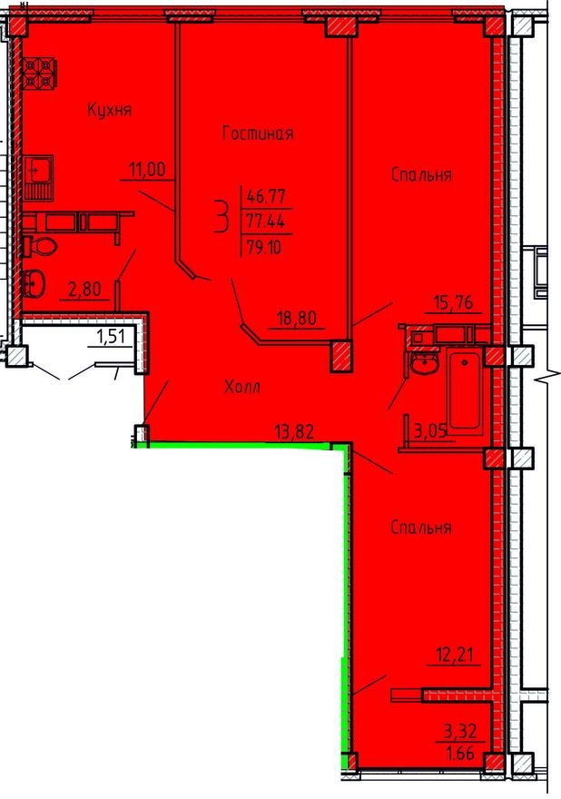 3к. квартира, 79.1 м²
