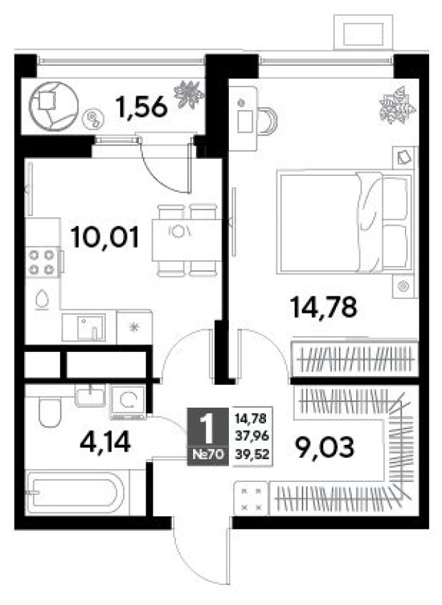 1к. квартира, 39.5 м²
