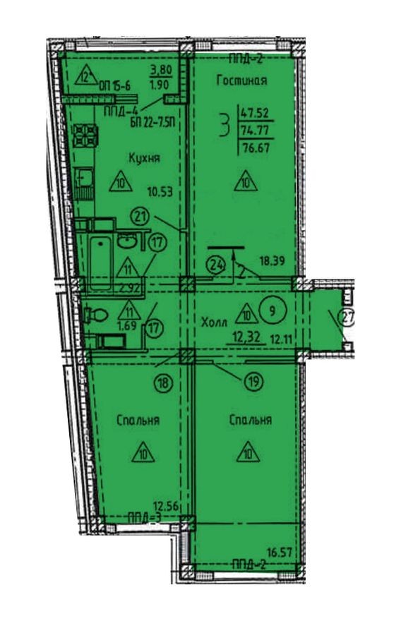 3к. квартира, 78.3 м²