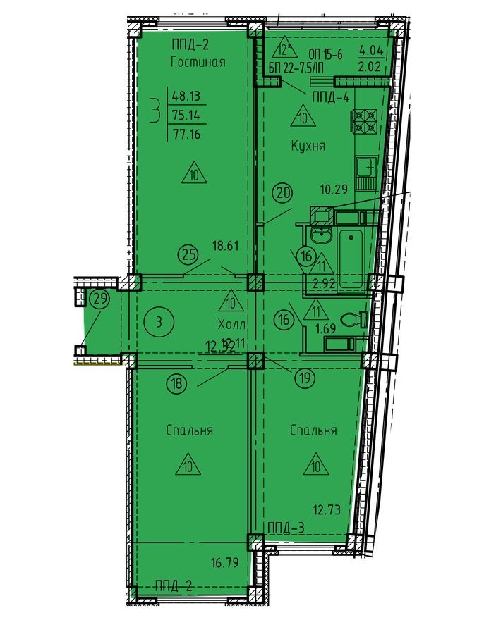 3к. квартира, 78.1 м²