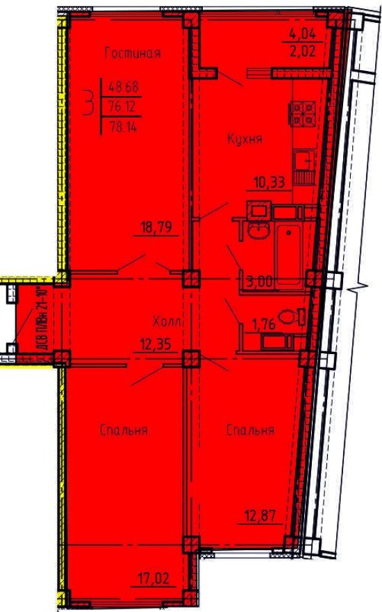 3к. квартира, 78.1 м²
