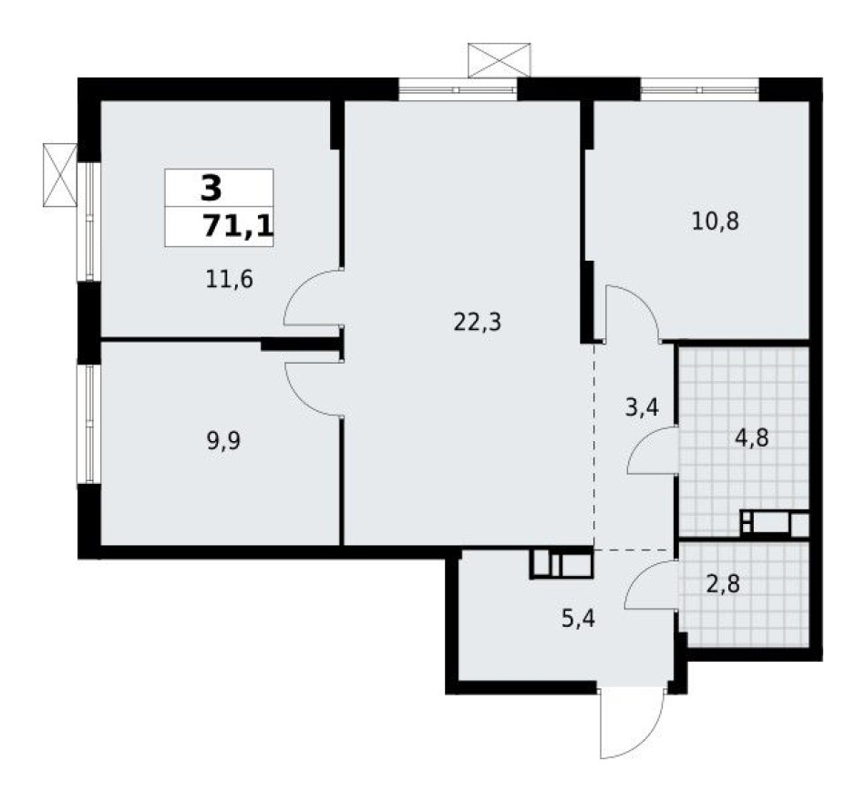 3к. квартира, 71.1 м²