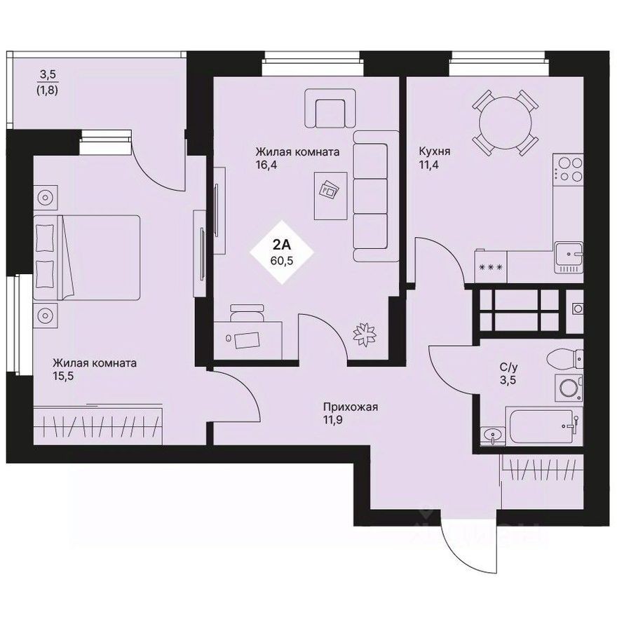 2к. квартира, 60.5 м²